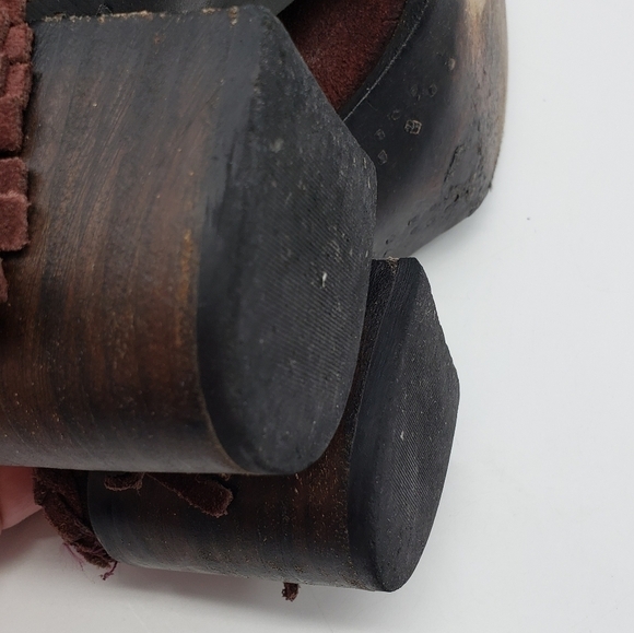 FREEBIRD women US 8 burgundy mules braid fringe suede stacked block heel leather - Picture 4 of 13